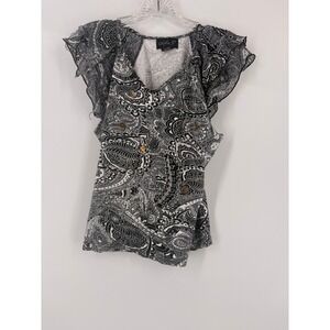 Ada Black White Paisley Flutter Sleeve V Neck Blouse Top Women's Size‎ M